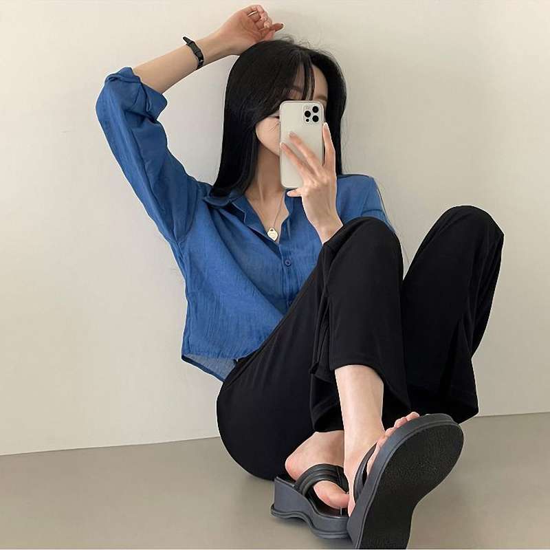 韓国ファッション シワ感シアーシャツ