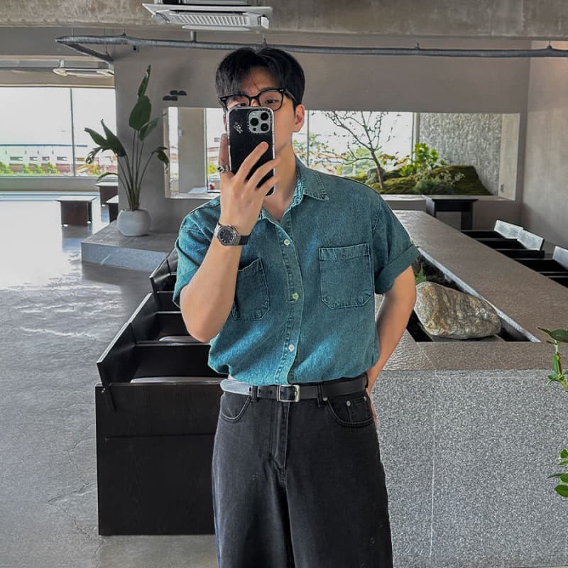 韓国ファッション レトロ感溢れる半袖デニムシャツ