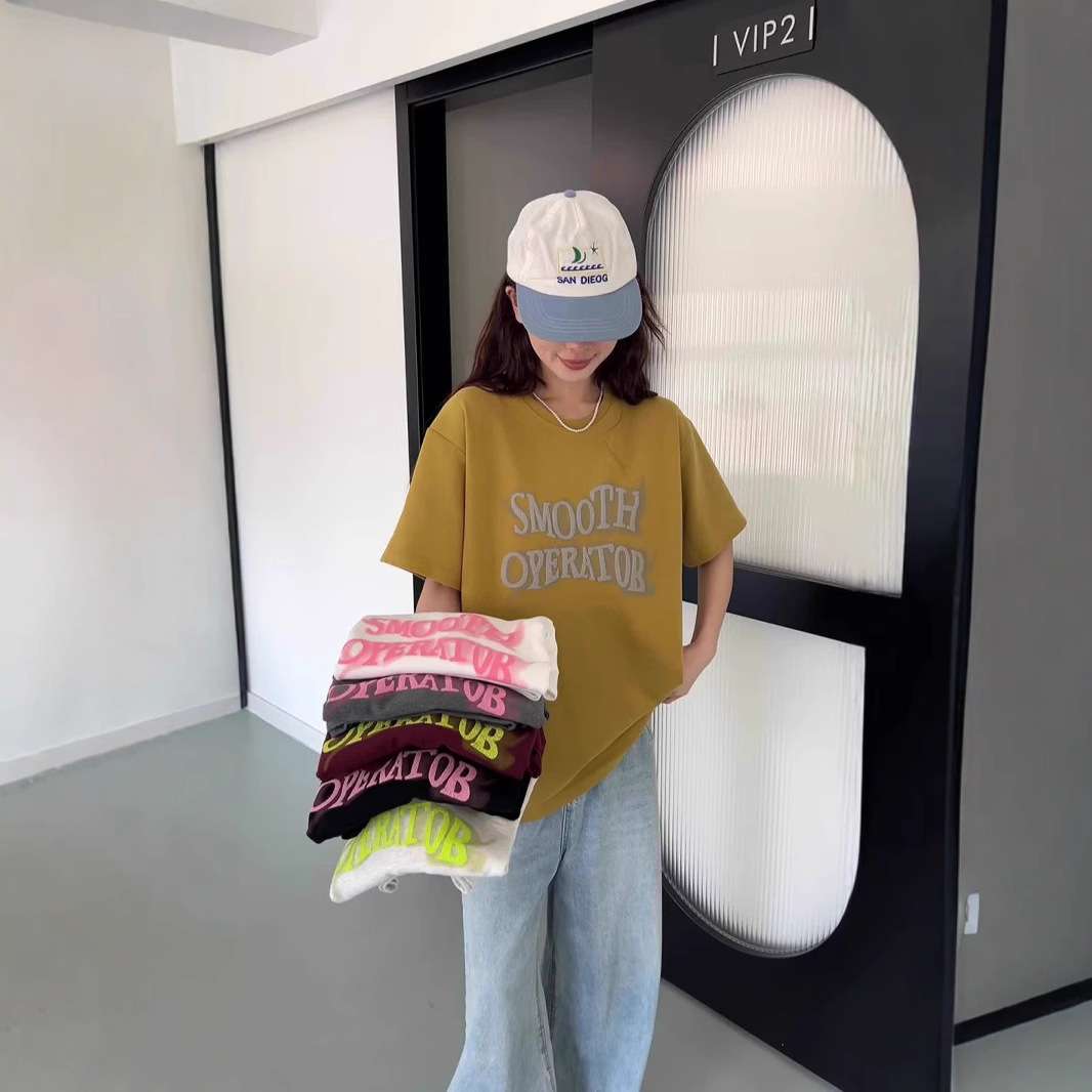 韓国ファッション ゆるふわレタリング半袖シャツ