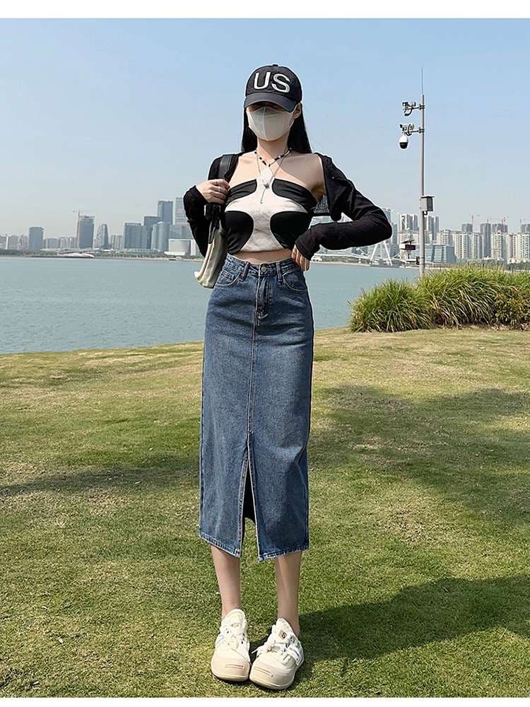 韓国ファッション ハイウエストデニムスリットスカート