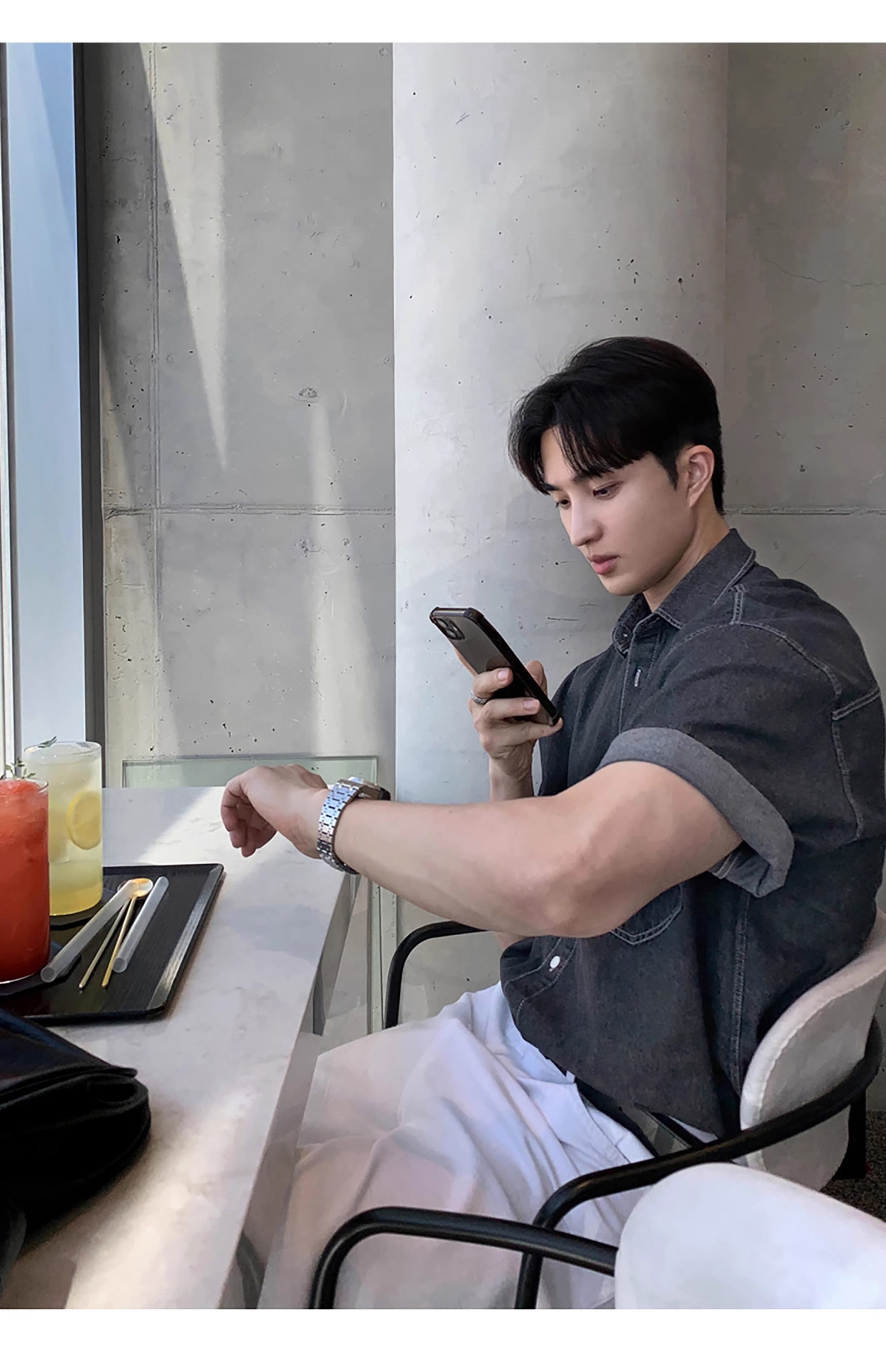 韓国ファッション ロールアップ袖デニムシャツ