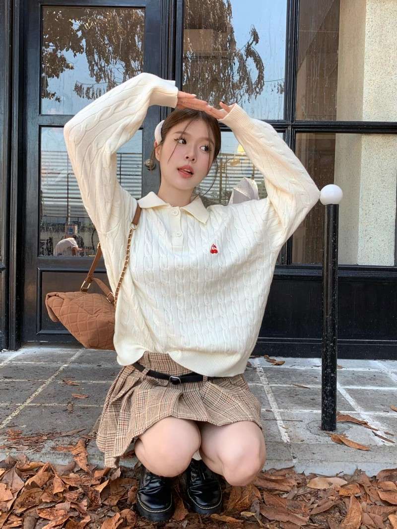 韓国ファッション ケーブル編みカレッジニット