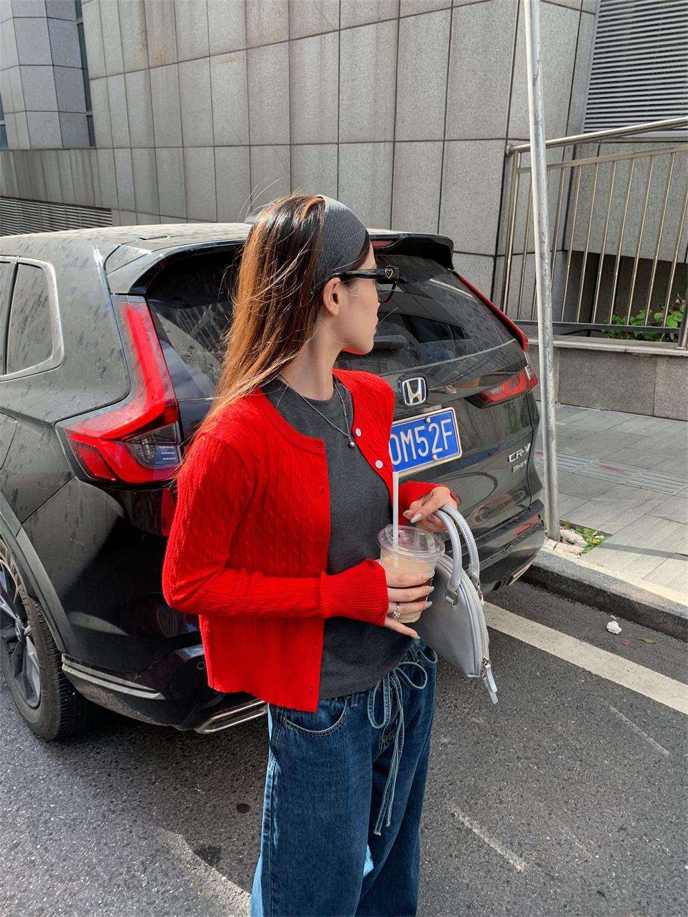 韓国ファッション ツートーンニットカーディガン