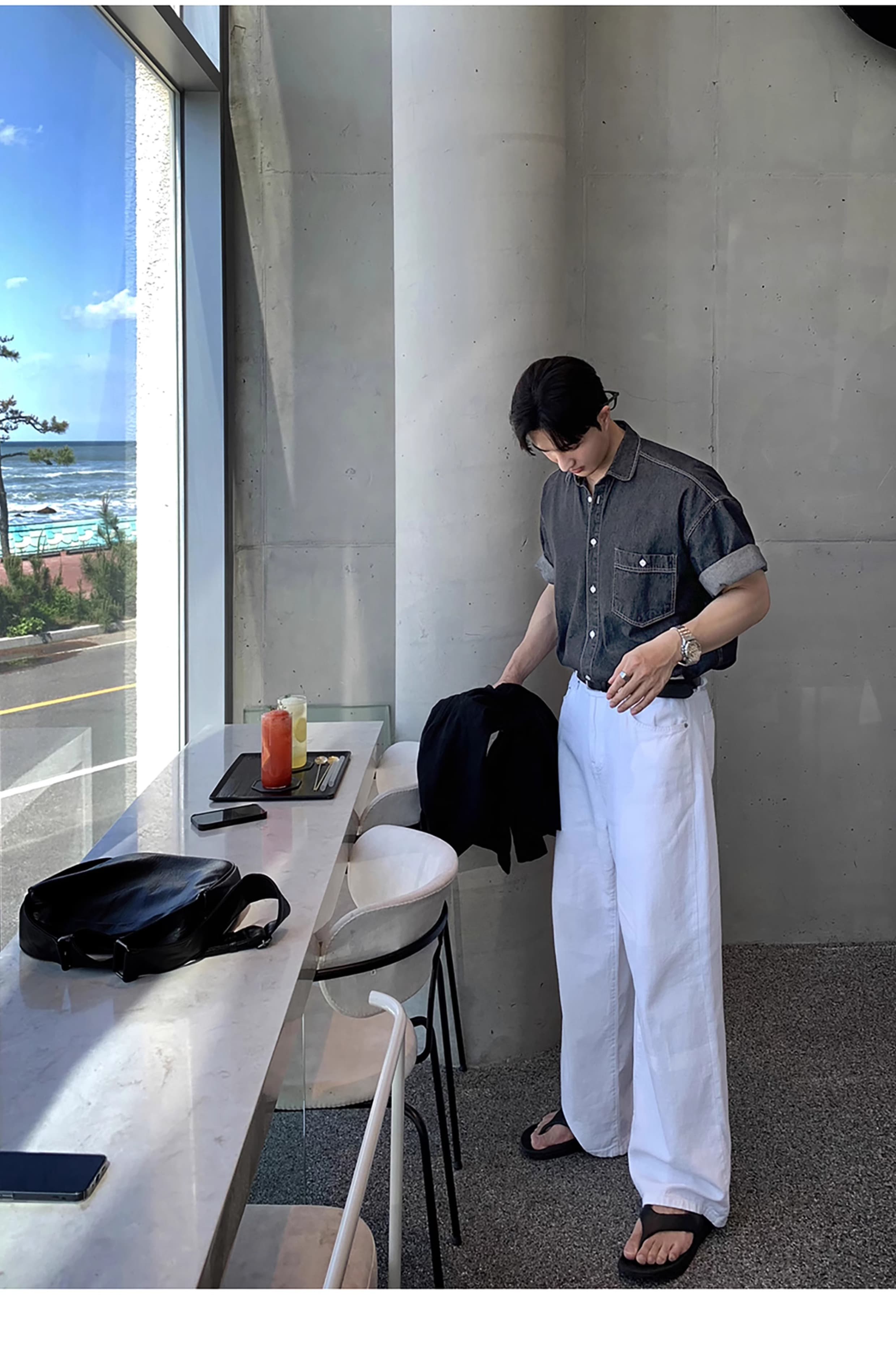 韓国ファッション ロールアップ袖デニムシャツ