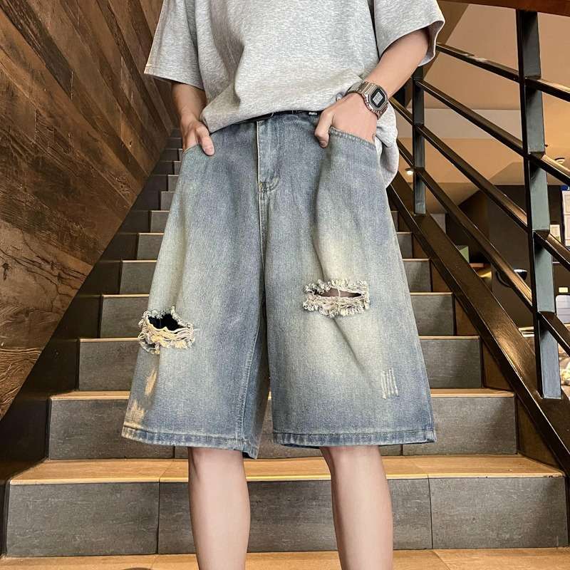 韓国ファッション ダメージデニムワイドショートパンツ