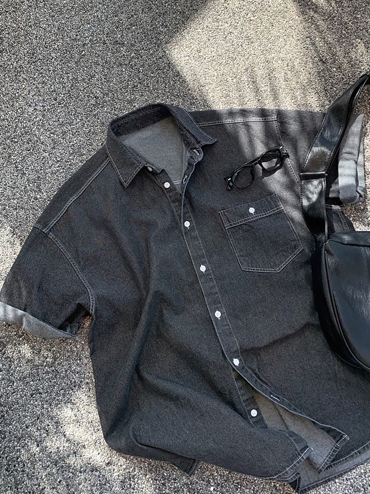 韓国ファッション ロールアップ袖デニムシャツ