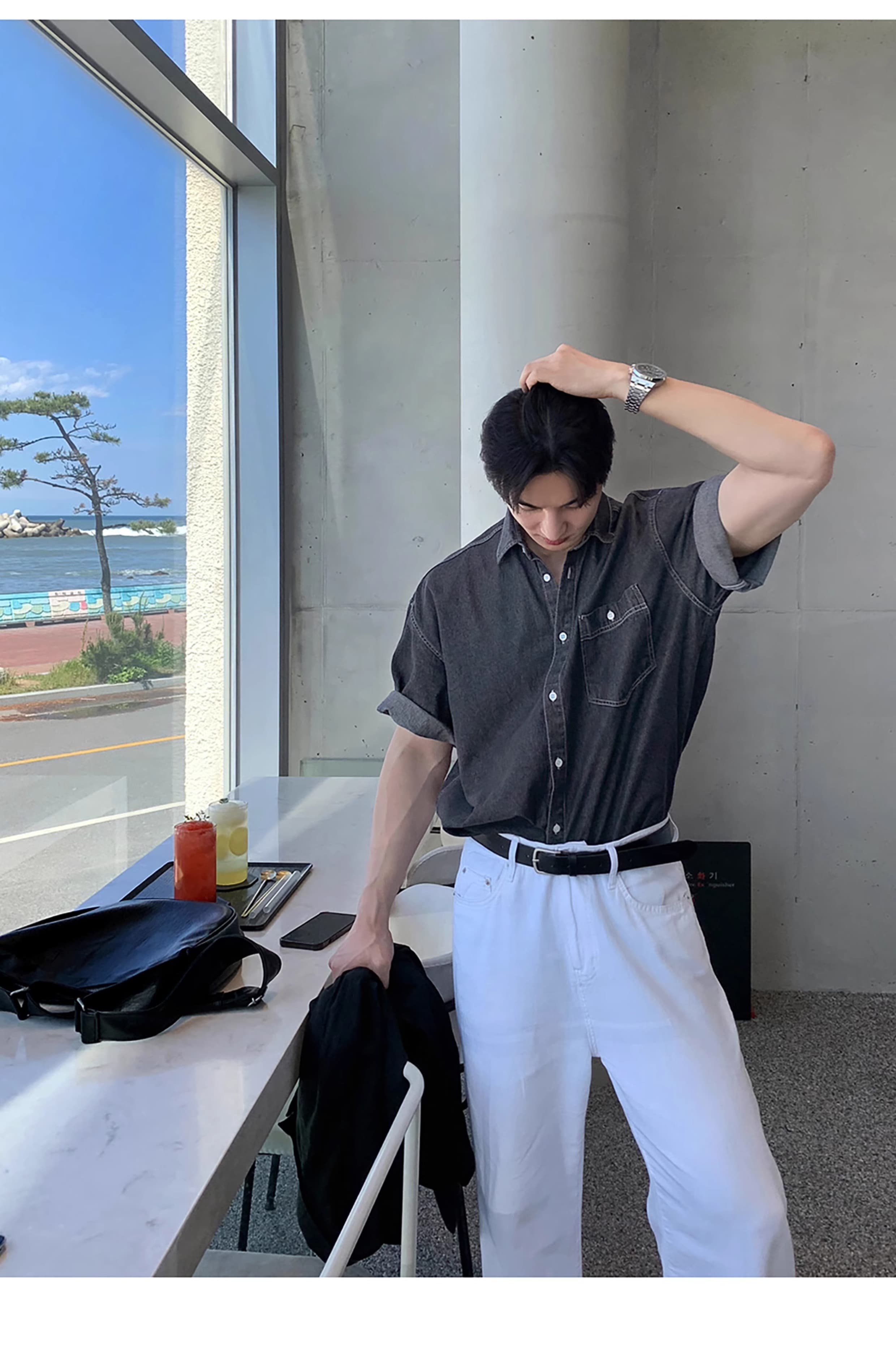 韓国ファッション ロールアップ袖デニムシャツ