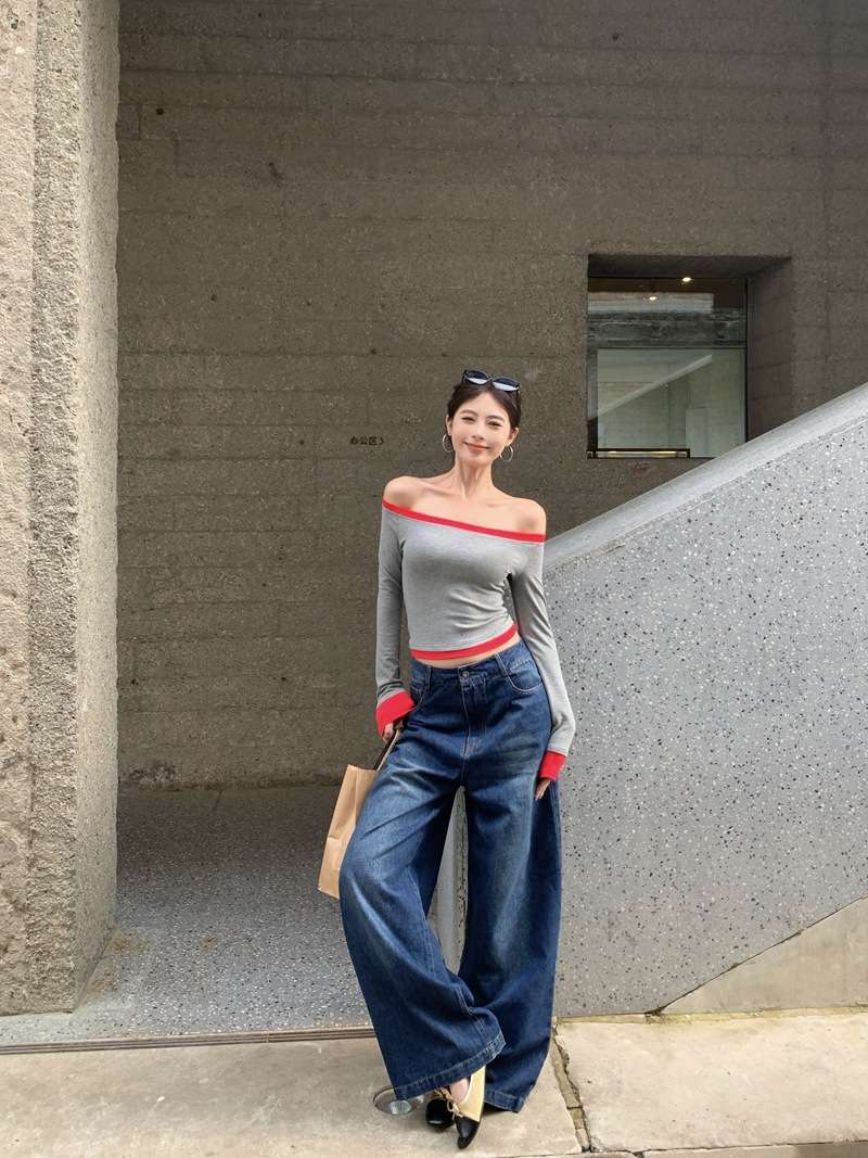 韓国ファッション オフショルダーリブニットクロップ丈カットソー