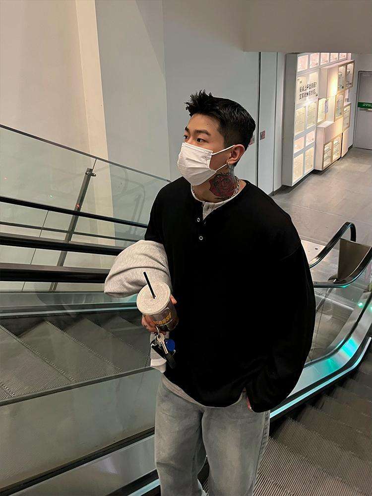 韓国ファッション レイヤードデザインヘンリーネックプルオーバー