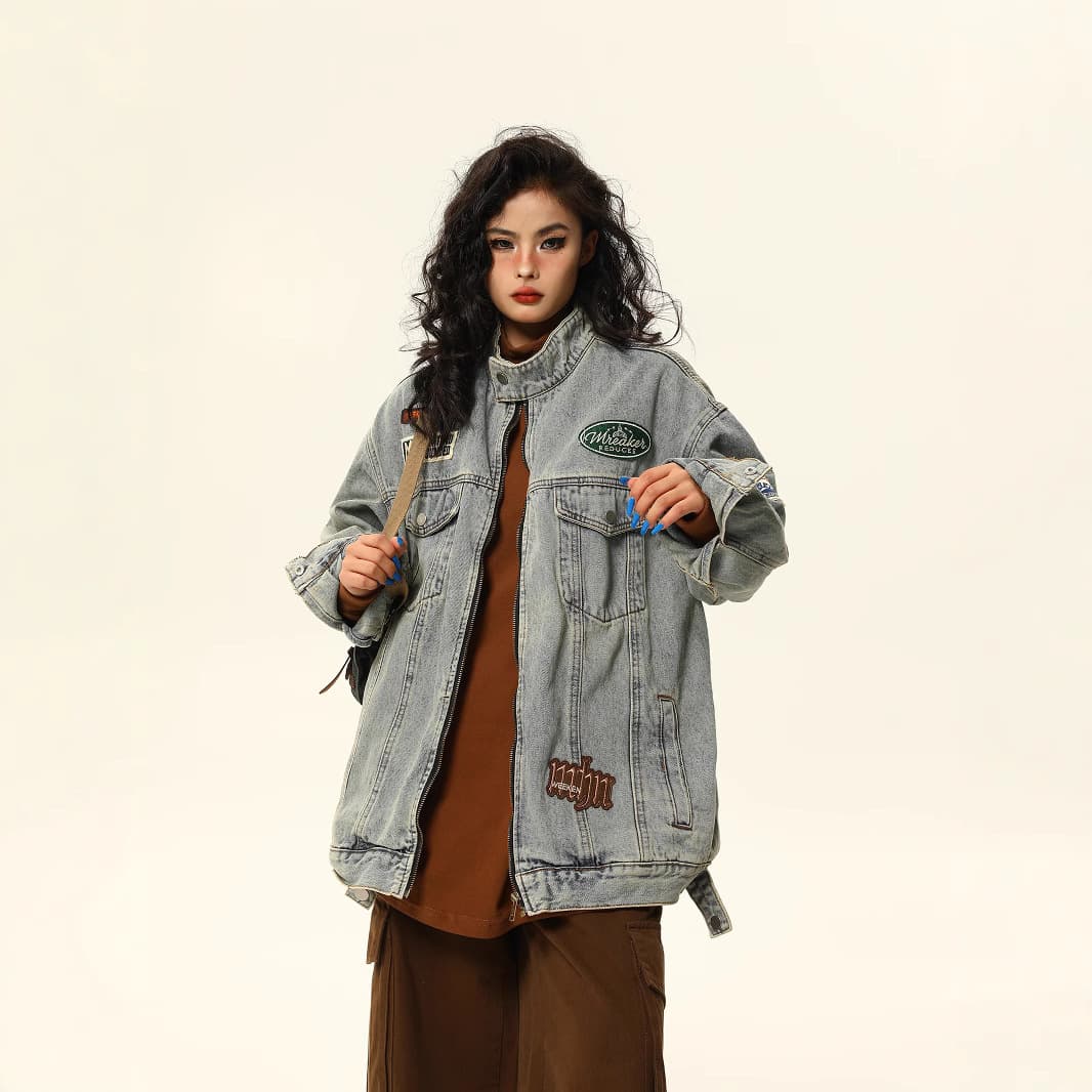 韓国ファッション パッチ付きオーバーサイズデニムジャケット