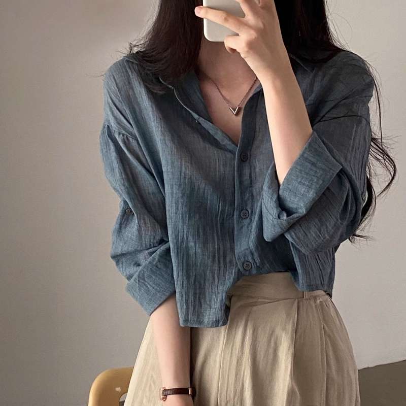 韓国ファッション シワ感シアーシャツ