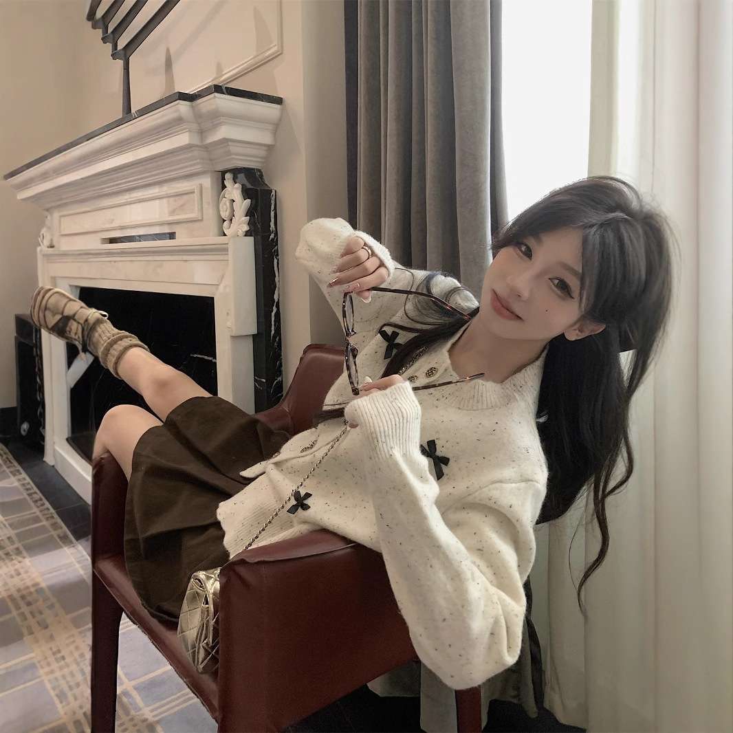 韓国ファッション リボン付きフェアリーニットカーディガン