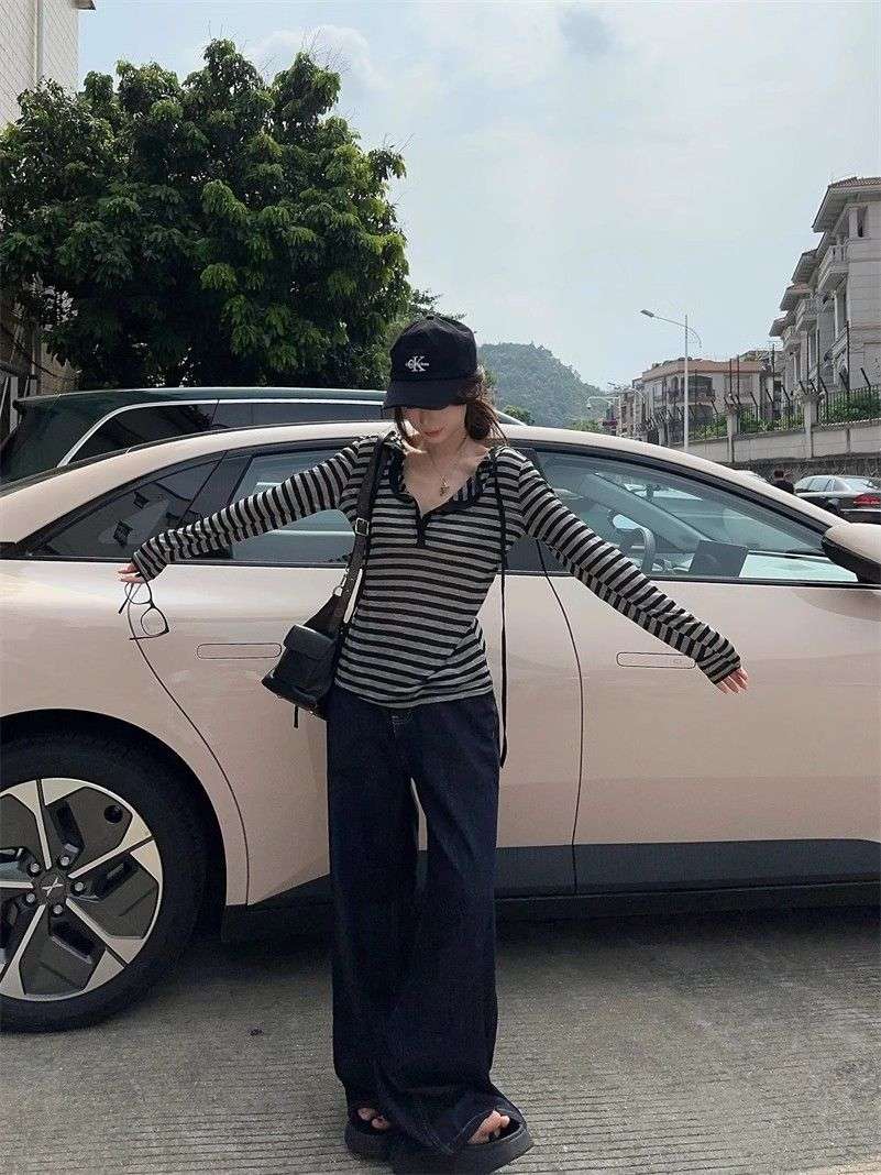 韓国ファッション しましまヘンリーネックリブカットソー
