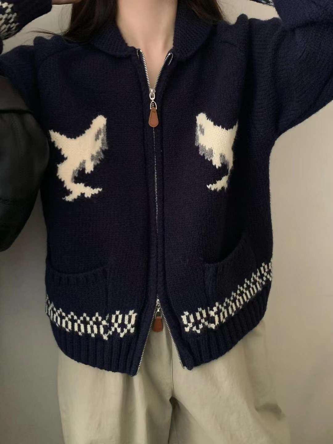 韓国ファッション 恐竜デザインジップアップニットカーディガン