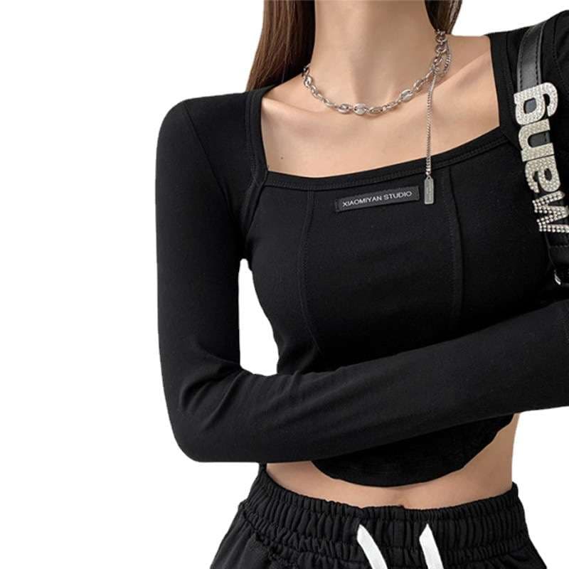 韓国ファッション スクエアネックスリムリブトップス