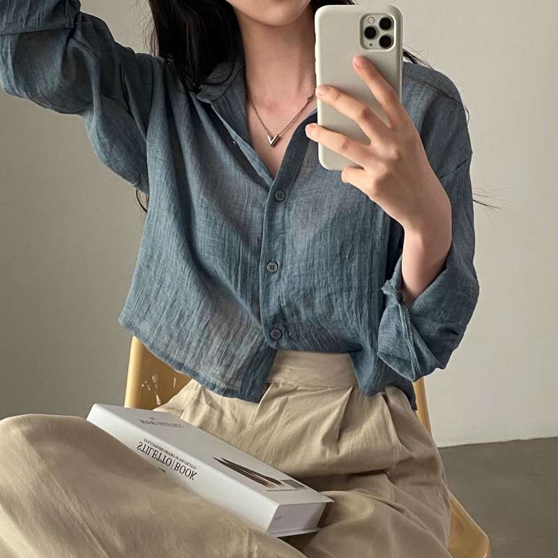 韓国ファッション シワ感シアーシャツ