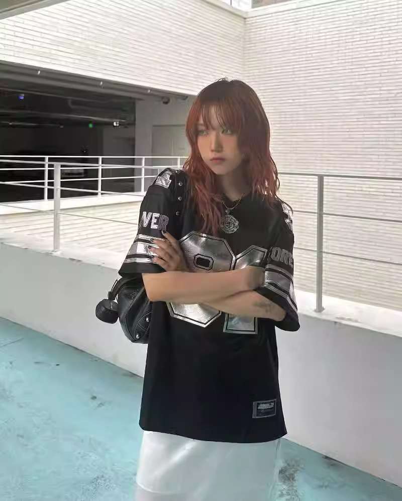 韓国ファッション レトロアメリカンナンバーユニフォーム風ゆるトップス