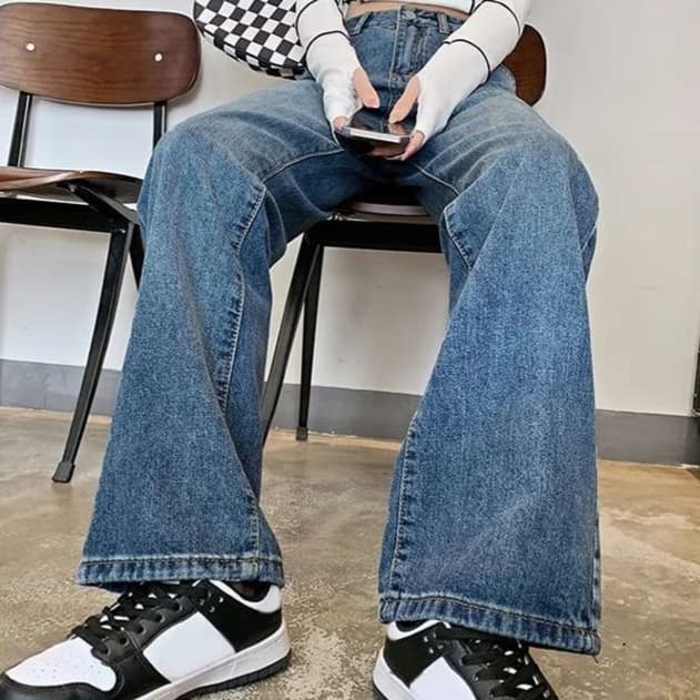 韓国ファッション ハイウエストゆったりデニムパンツ
