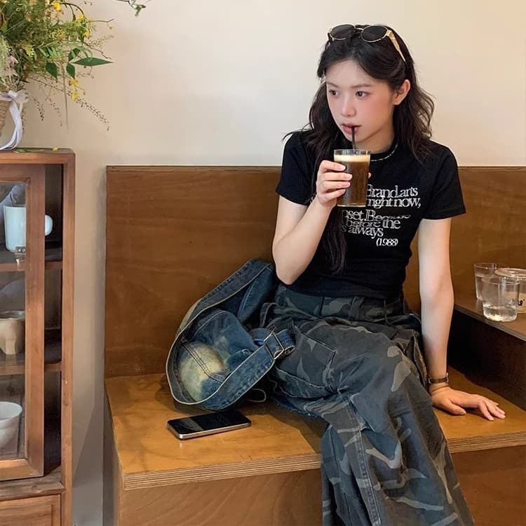 韓国ファッション 詩的メッセージプリント半袖Tシャツ