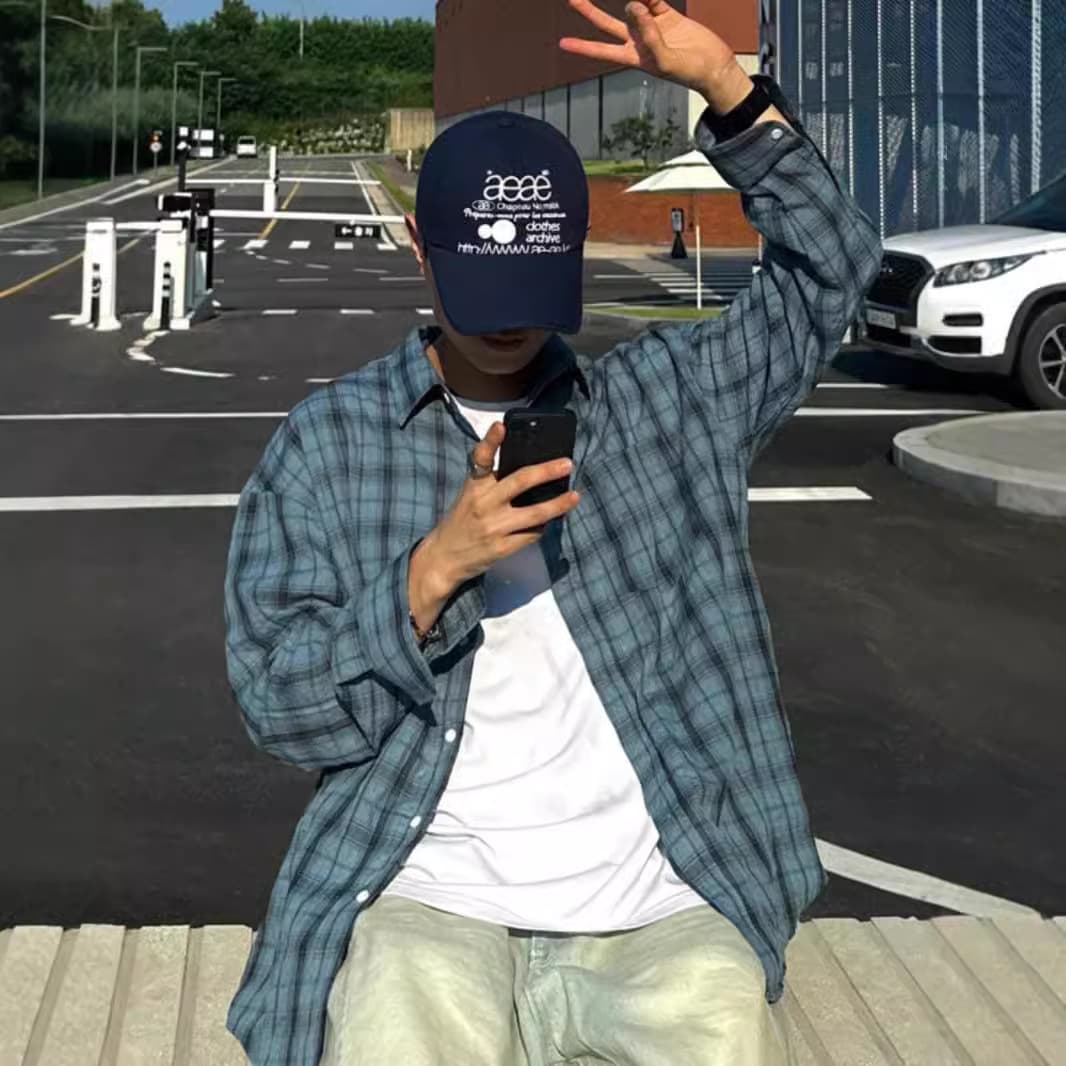 韓国ファッション オーバーサイズチェックシャツ