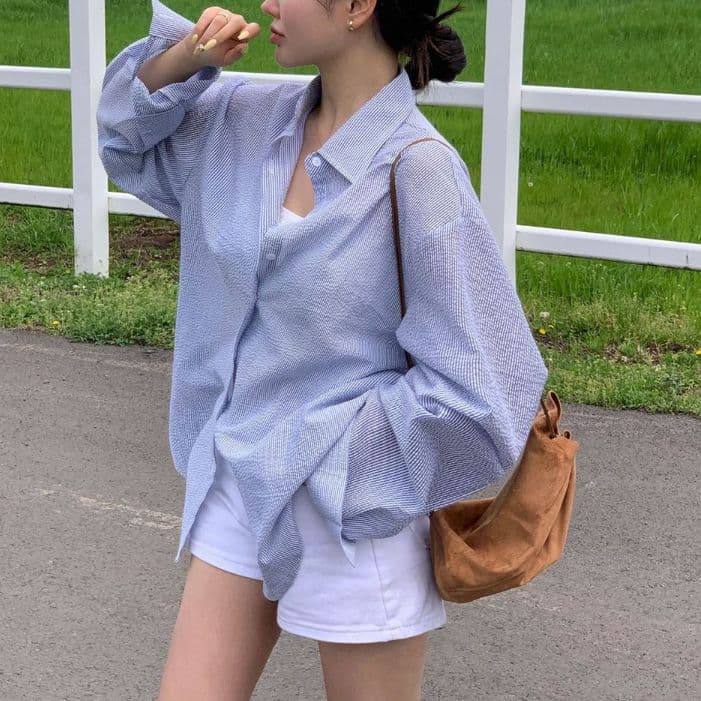 韓国ファッション 韓国ファッション ゆったりストライプシャツ