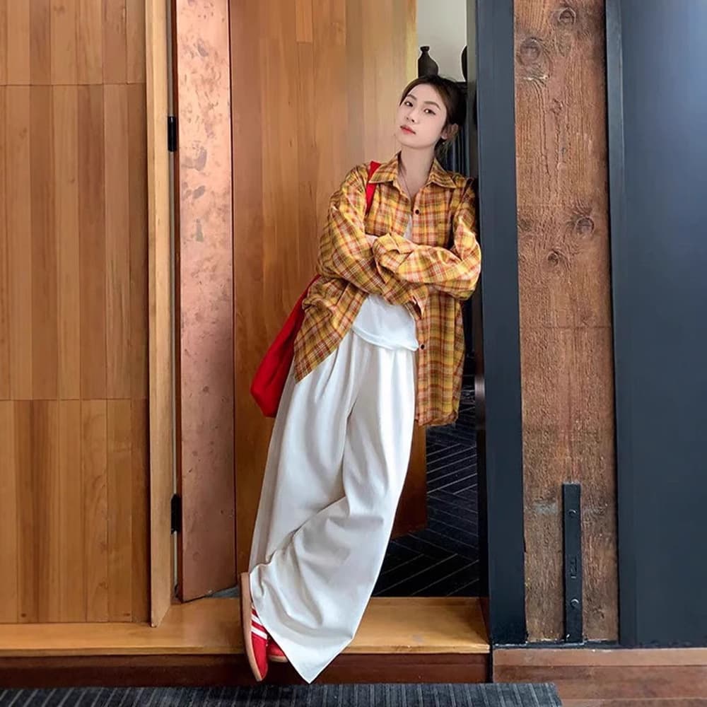 韓国ファッション オーバーサイズチェックシャツ