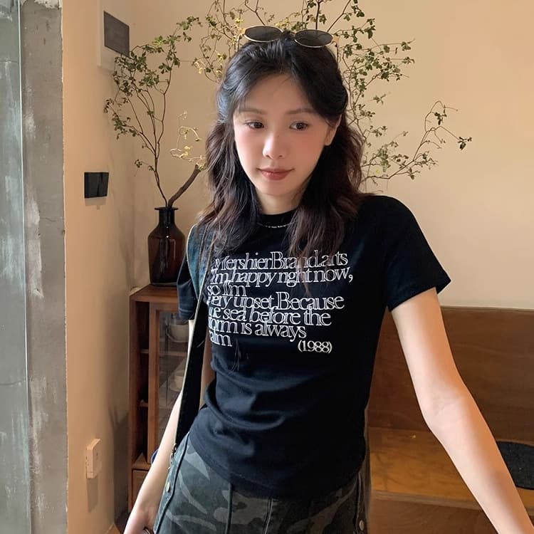 韓国ファッション 詩的メッセージプリント半袖Tシャツ