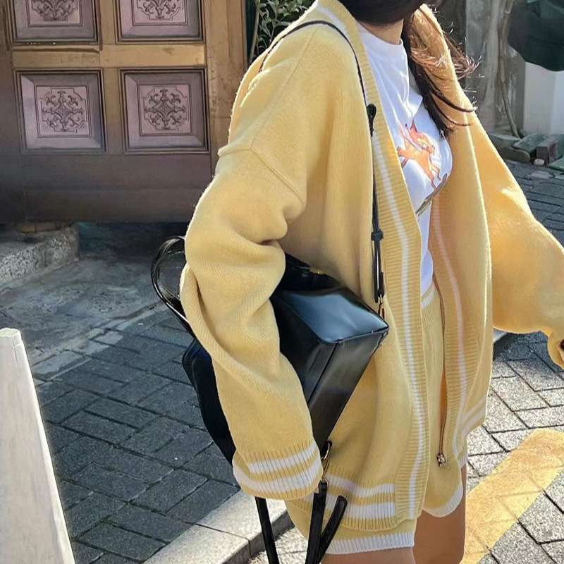 韓国ファッション ゆったりニットカーディガンセットアップ
