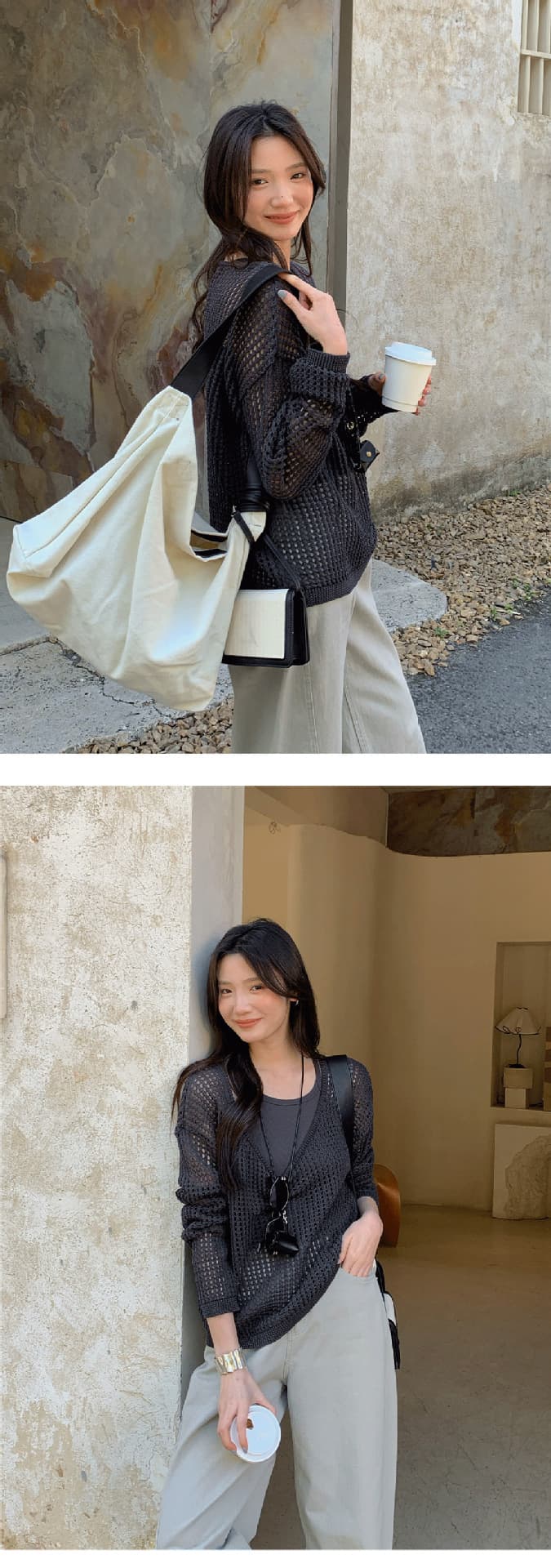 韓国ファッション 透かし編みオーバーサイズニット