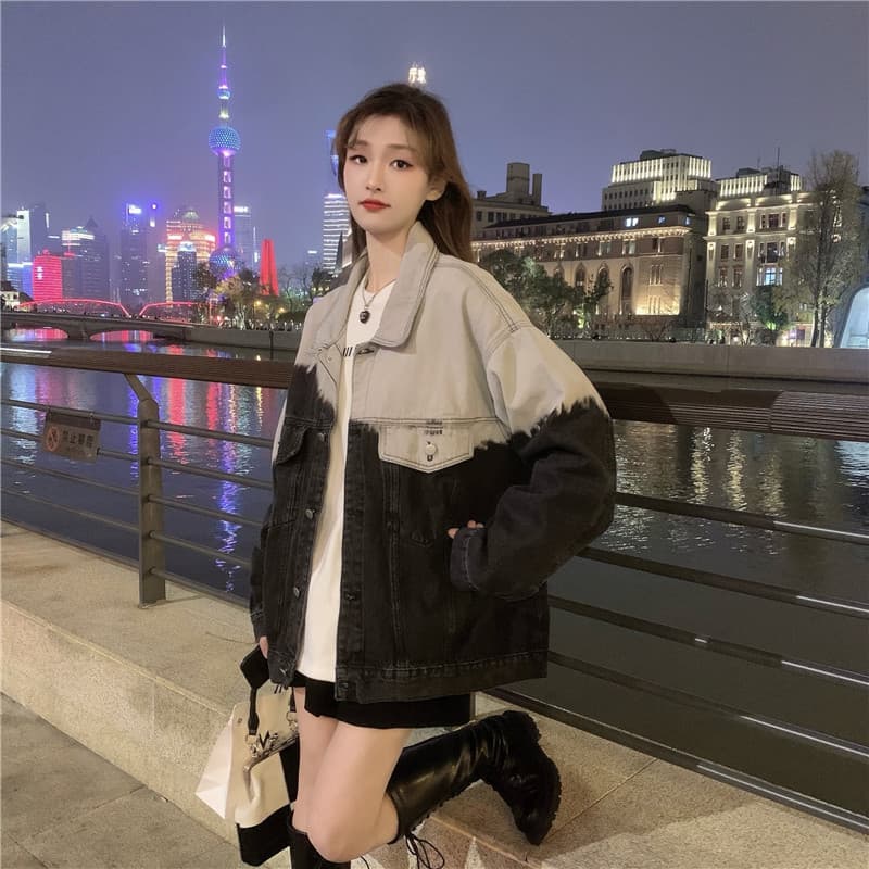 韓国ファッション ツートーンオーバーサイズデニムジャケット